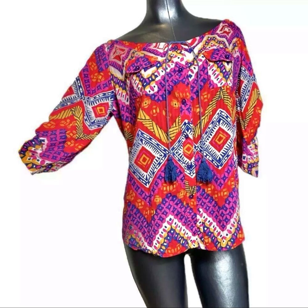 jade melody tam bright boho pattern tassel button up top blouse shirt medium